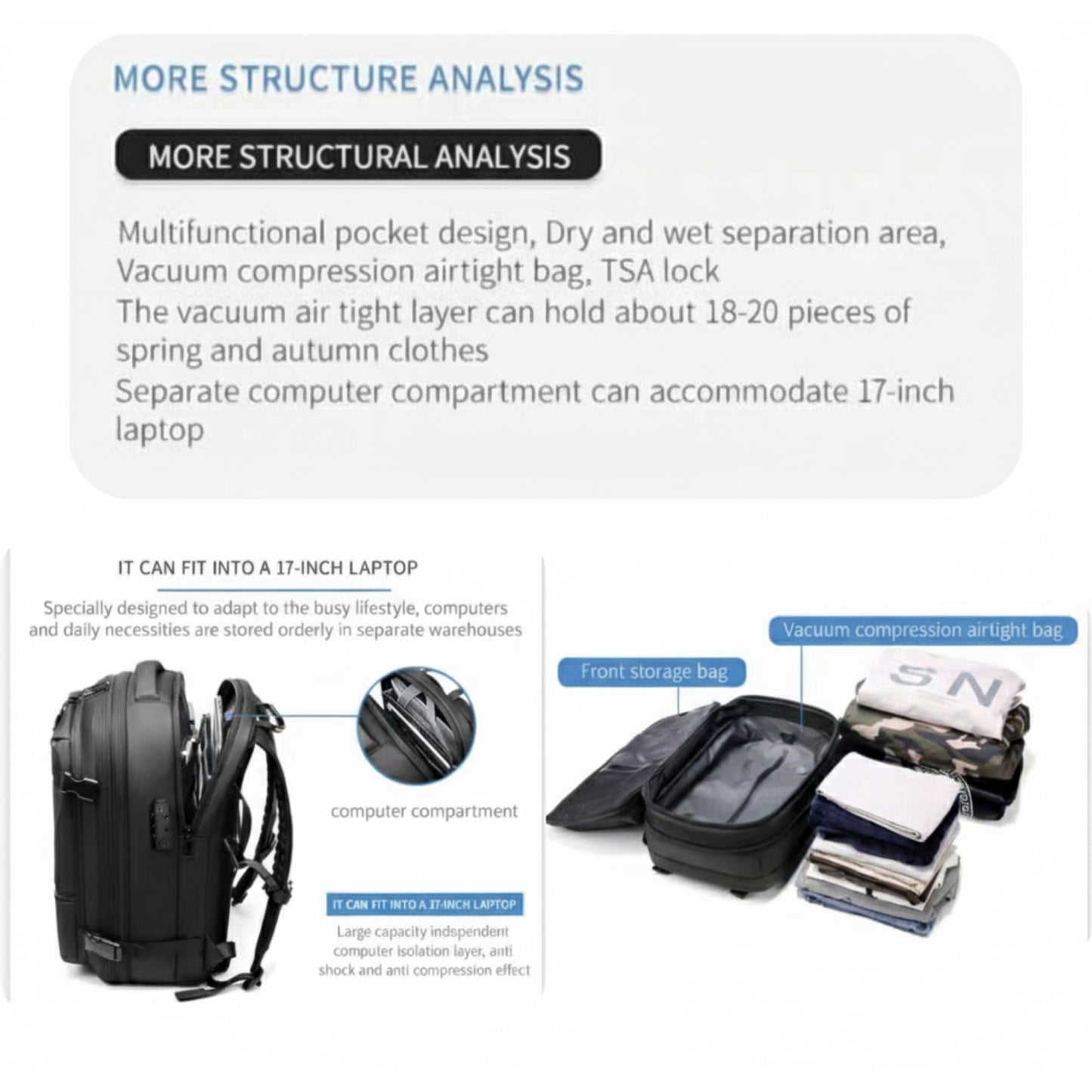 Vacuum Compression Backpack with Built-in System for Clothes & Gear Laptop Bags
